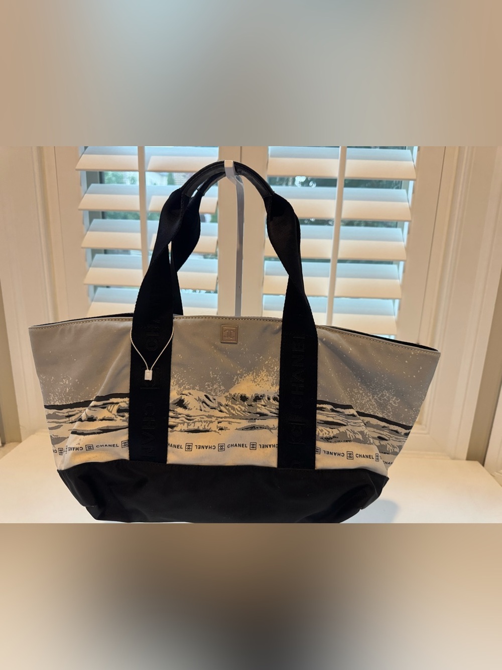 Luxe CC Wave Print Canvas Beach Tote Black Gray Ivory Large Shoulder Bag